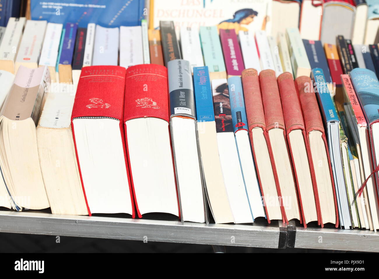 Stacked books on a flea market, Germany, Europe    I Aufgestapelte Bücher auf einem Flohmarkt, Deutschland, Europa I Stock Photo