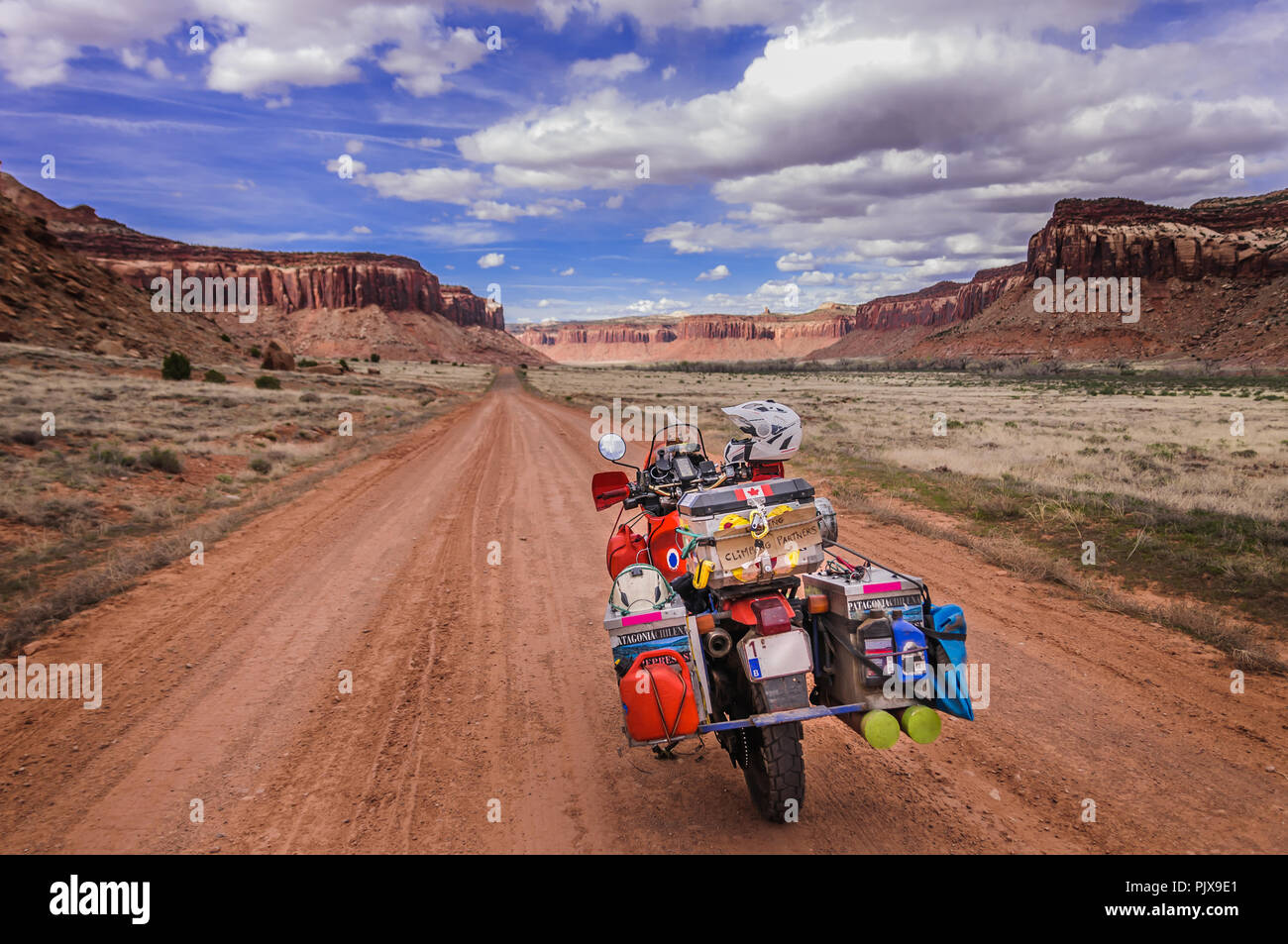 Motorcycle on trad climbing route, Indian Creek, Moab, Utah, USA Stock