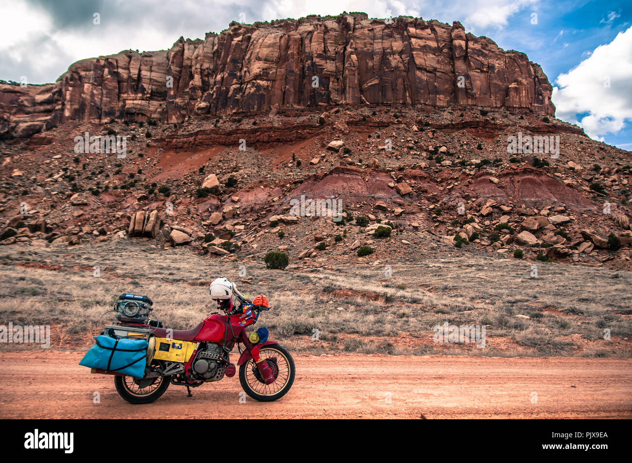 Motorcycle on trad climbing route, Indian Creek, Moab, Utah, USA Stock Photo Alamy