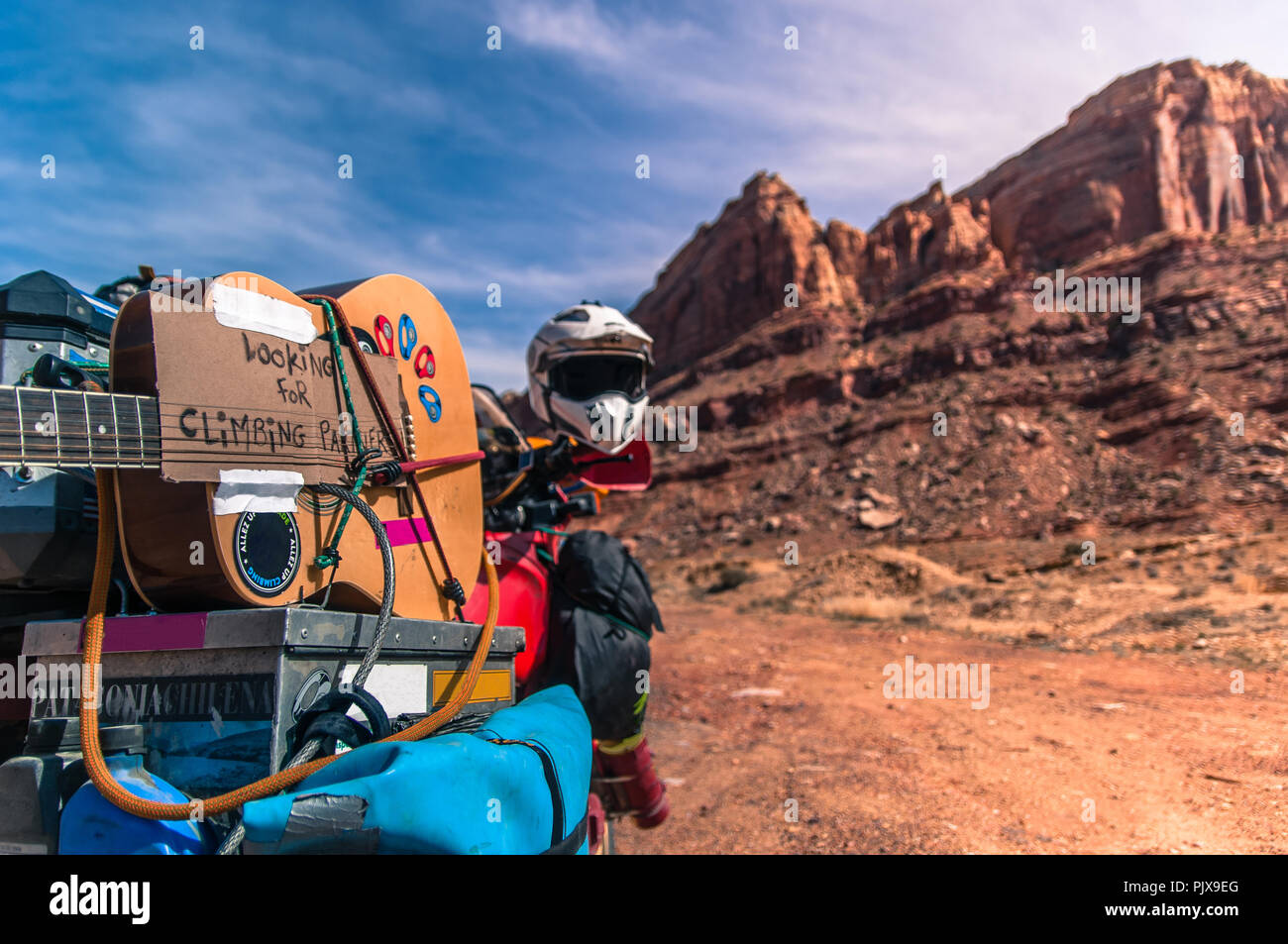 Motorcycle on trad climbing route, Indian Creek, Moab, Utah, USA Stock