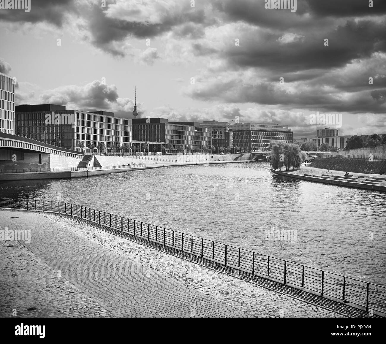 Black and white picture Spree River in downtown Berlin, Germany. Stock Photo
