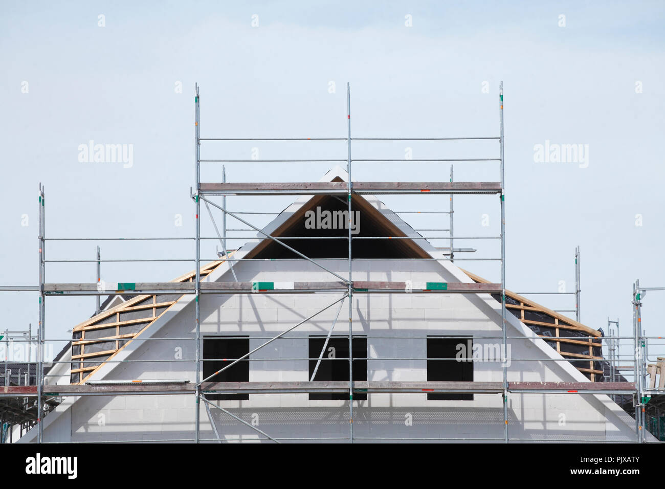 Detached house, construction site, shell construction, roof gable, lilienthal, Lower Saxony, Germany Stock Photo