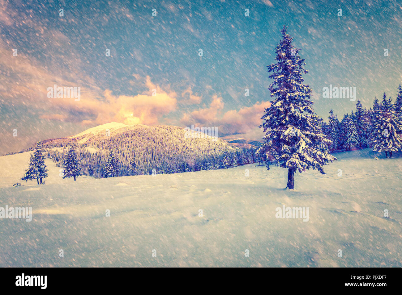 Beautiful winter sunrise in the mountains. Retro style. Stock Photo