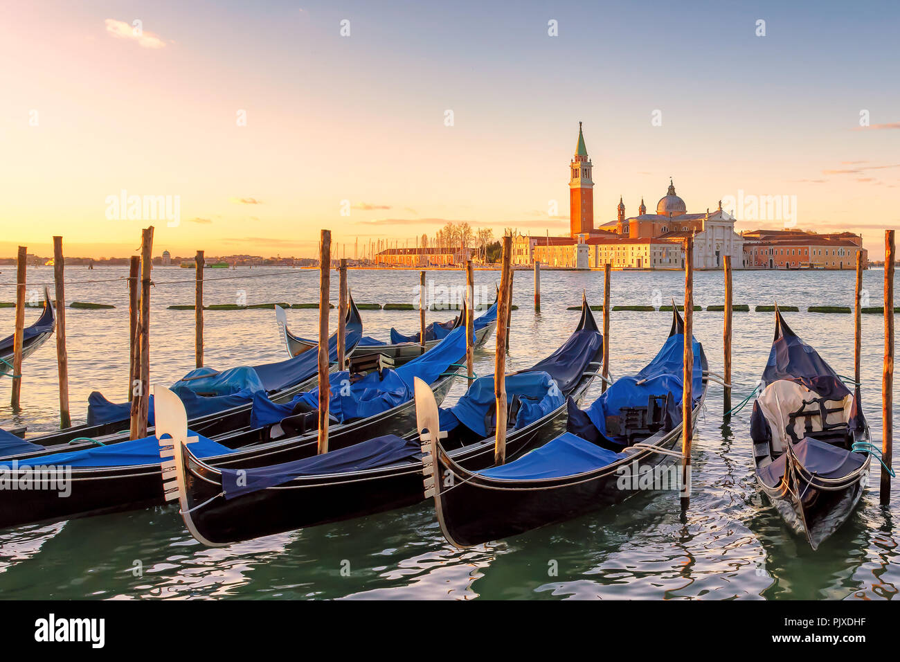 Venice sunrise. Venice gondolas on Piazza San Marco at sunrise Stock Photo