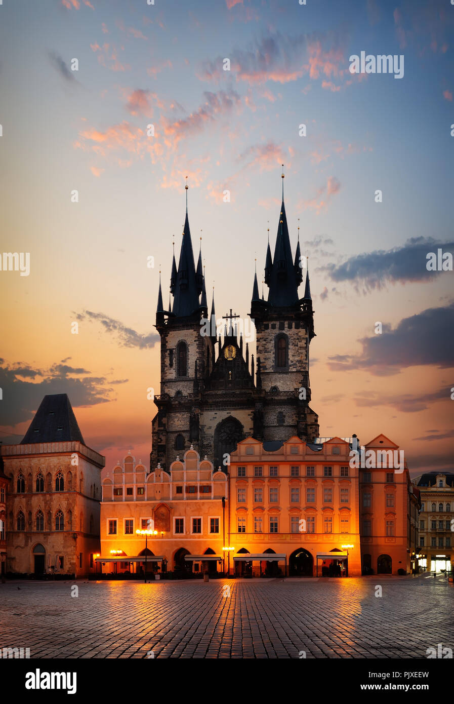 Tynsky temple on Old Town square in Prague at dawn Stock Photo