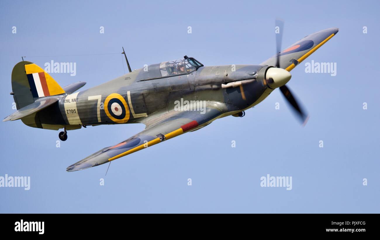 Hawker Sea Hurricane Mk Ib (G-BKTH) flying at Old Warden Military Pageant airshow on the 1st July 2018[ Stock Photo