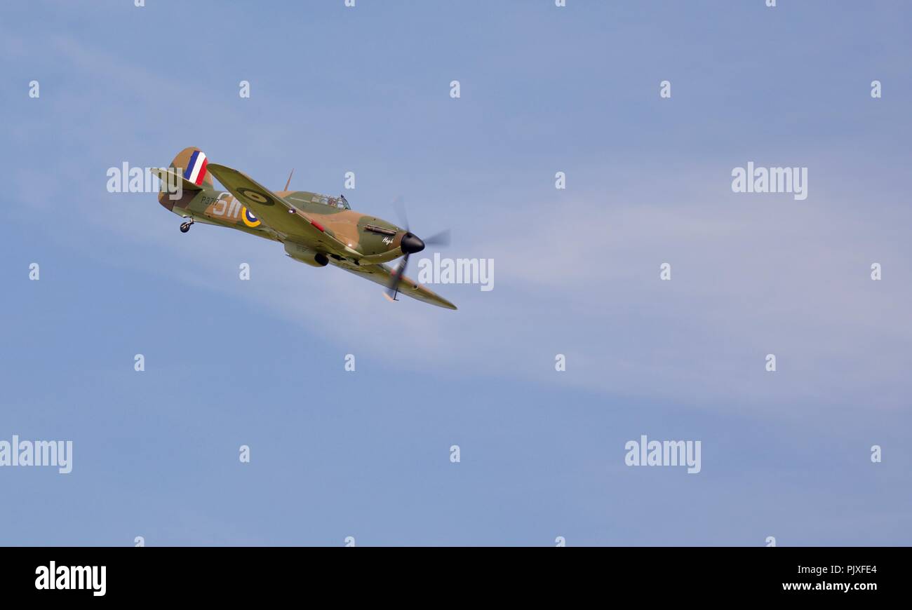 Hawker Hurricane Mk.I P3717 (G-HITT) Flying at Shuttleworth Military Pageant Airshow on the 1st July 2018 Stock Photo