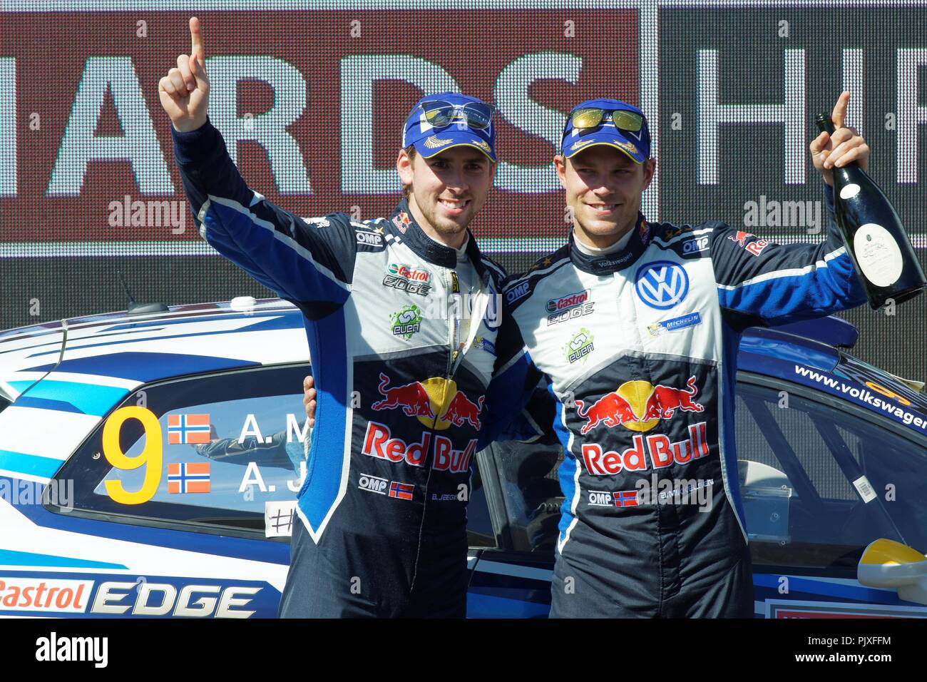 Andreas Mikkelsen (NOR) and co-driver Anders Jaeger Synnevag (NOR) of  Volkswagen Motorsport celebrates victory following the final day of Rally  Australia, the 14th and closing round of the 2016 FIA World Rally