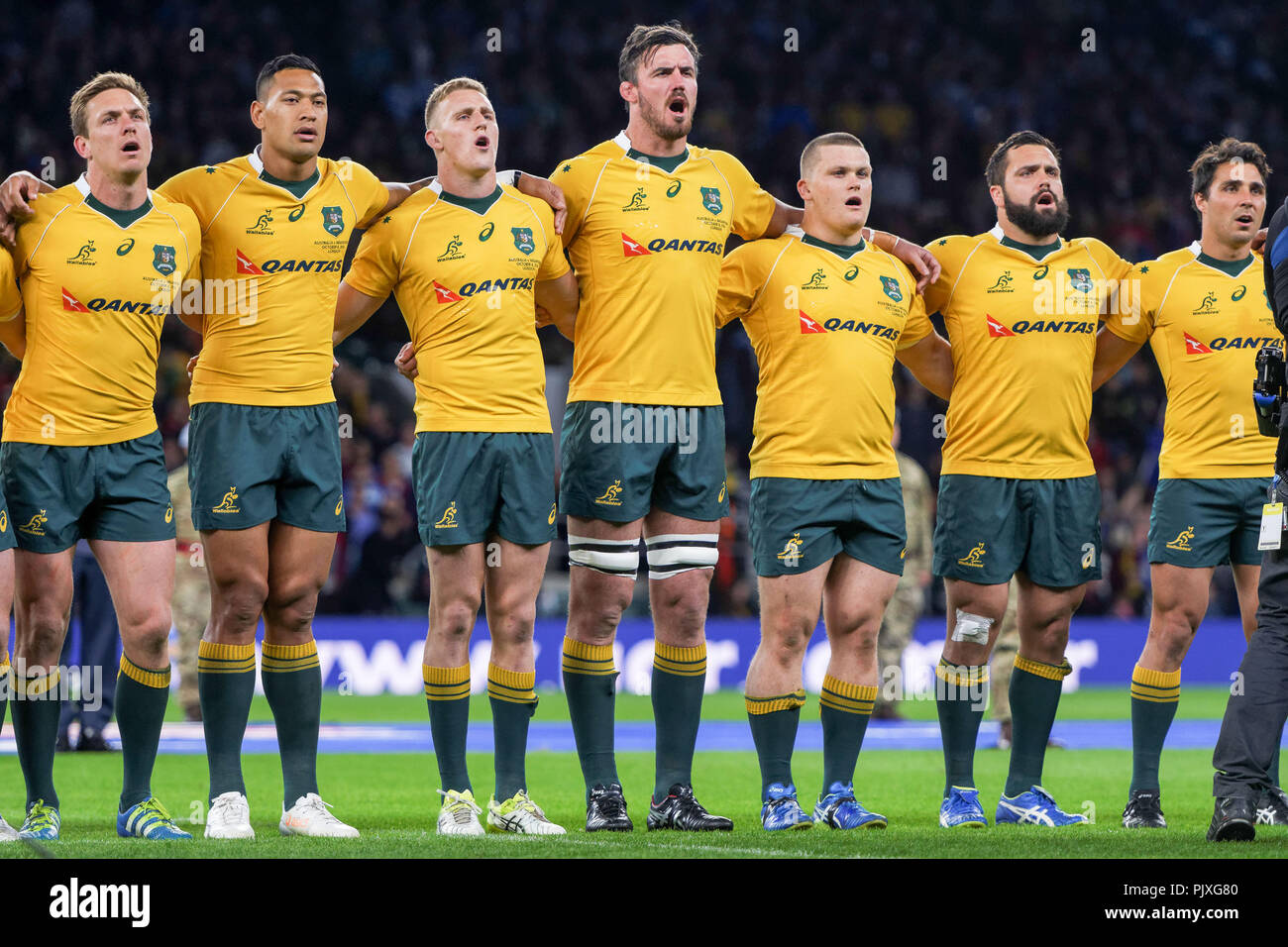 The Australian Wallabies lineup for the national anthem before the Rugby  Championship rugby union test match between Argentian Pumas and Australian  Wallabies. Australia won the first match 33-21 at Twickenham Stadium in