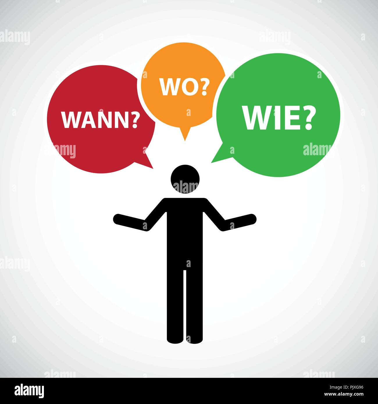 pictogram of a man with question mark talk bubbles when where how vector illustration Stock Vector