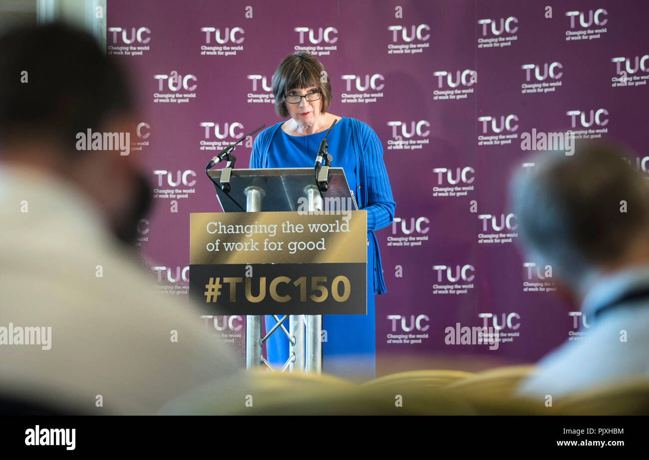 TUC General secretary Frances O'Grady speaking during a press conference at the Midland Hotel in Manchester ahead of the TUC conference, as the trade union movement is preparing to throw its weight behind a public vote on the final Brexit deal amid warnings the UK is going to 'crash out' of the EU. Stock Photo