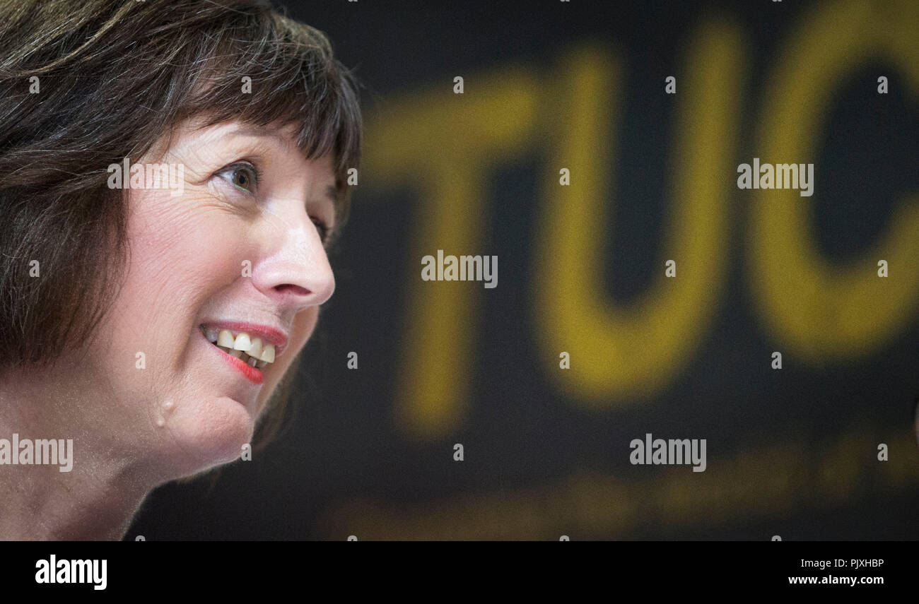 TUC General secretary Frances O'Grady arrives ahead of the TUC conference in Manchester, as the trade union movement is preparing to throw its weight behind a public vote on the final Brexit deal amid warnings the UK is going to 'crash out' of the EU. Stock Photo