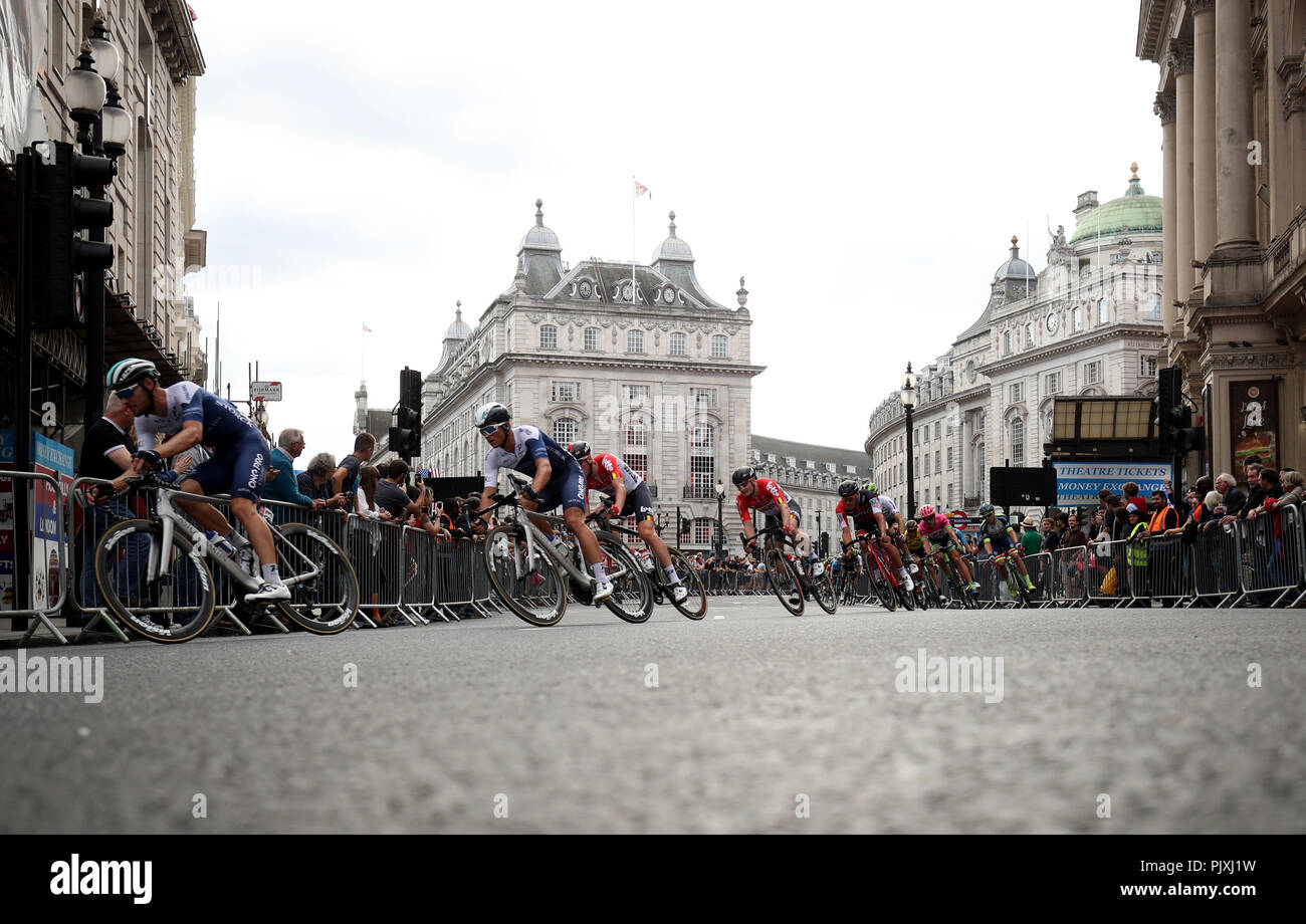 Riders make their way round the course during stage eight of the Ovo Energy Tour of Britain 2018 around London. Stock Photo