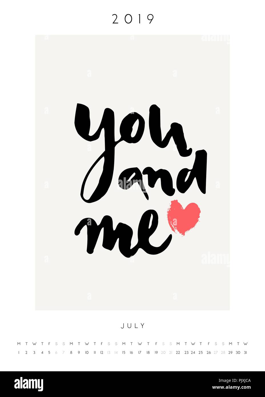 printable a4 size july 2019 calendar template hand drawn heart and typographic design you and me in black and red stock vector image art alamy