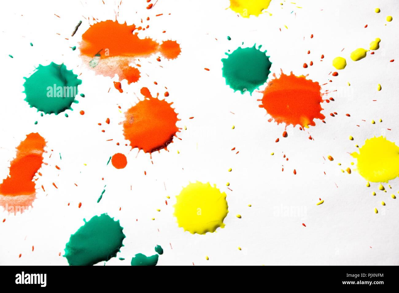 Drops of red, yellow and green paint are sprayed on a white background ...