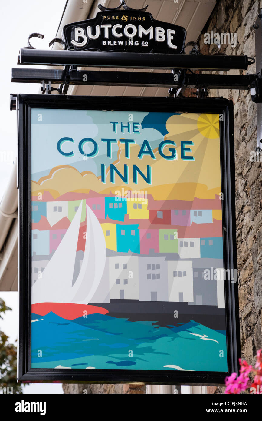Pub sign at the Cottage Inn on the Harbourside, Bristol Harbour in city of Bristol, England, UK Stock Photo