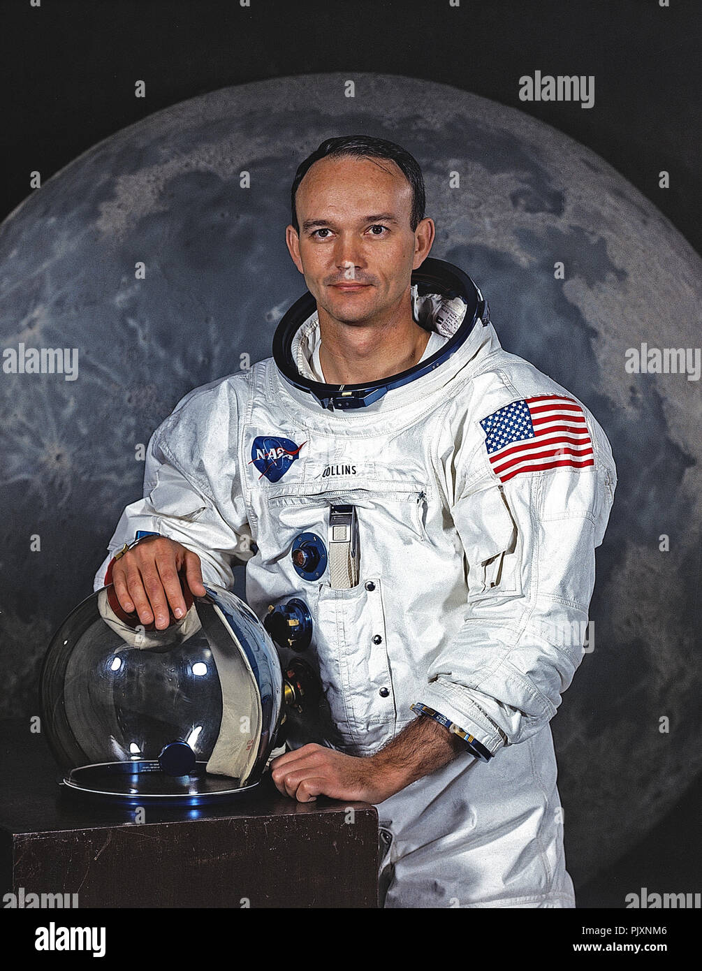 Houston, TX - File photo -- Portrait of Michael Collins, Command Module (CM) Pilot of Apollo 11 Lunar Landing Mission taken on May 1, 1969.  Apollo 11 was Collins' second and final trip to space.  He previously piloted the Gemini 10 mission on July 18, 1966.  On that mission Collins completed two periods of extravehicular activity (EVA).  Apollo 11 launched on July 16, 1969.  Collins remained in Lunar orbit aboard the CM 'Columbia', while his crew mates Neil Armstrong and Buzz Aldrin landed on the Moon. Credit: NASA via CNP /MediaPunch Stock Photo