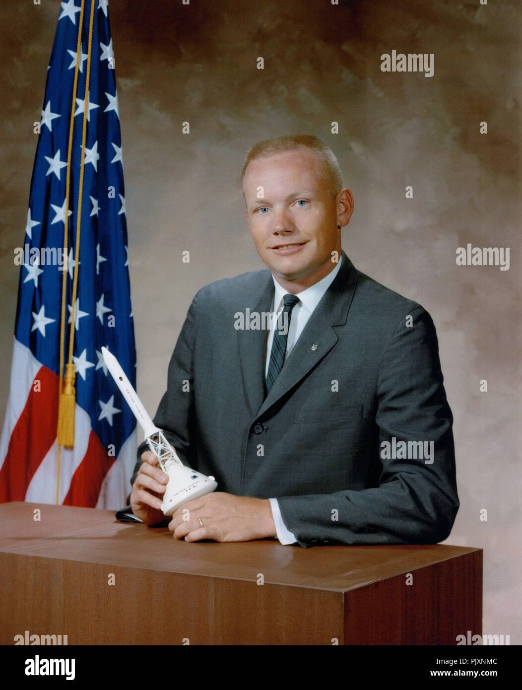 Houston, TX - File photo -- Early portrait of Neil A. Armstrong, Commander of Apollo 11 Lunar Landing Mission taken in 1964.  Apollo 11 was Armstrong's second and final trip to space.  He previously commanded the Gemini 8 mission on March 16, 1966.  That mission performed the first successful docking of two vehicles in space.  Apollo 11 launched on July 16, 1969.  On July 20, 1969 Armstrong became the first human to set foot on the Moon. Credit: NASA via CNP /MediaPunch Stock Photo