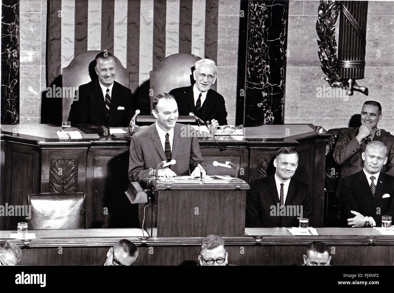 Washington, DC - (FILE) -- Apollo 11 Astronaut Michael L. Collins addresses a Joint Session of Congress on September 16, 1969.  Astronauts (L-R) Neil Armstrong, and Edwin E. Aldrin, Jr.  Congress honored the Astronauts for their historic flight to the Moon and return. Credit: NASA via CNP /MediaPunch Stock Photo