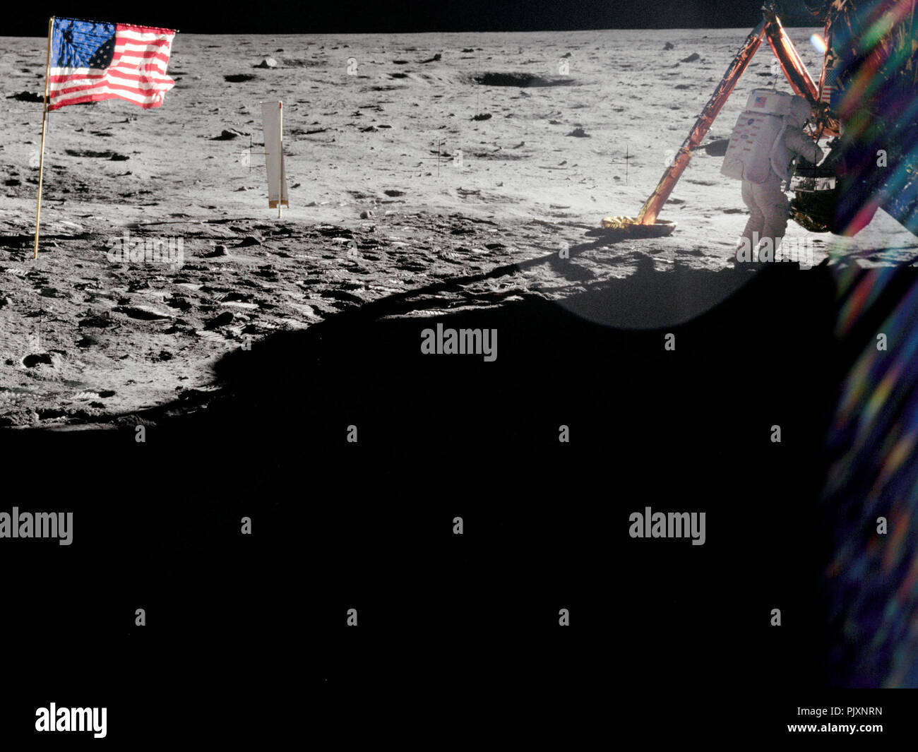 The Moon - (FILE) -- Apollo 11 astronauts trained on Earth to take individual photographs in succession in order to create a series of frames that could be assembled into panoramic images. This frame from Aldrin's panorama of the Apollo 11 landing site is the only good picture of mission commander Neil Armstrong on the lunar surface taken on July 20, 1969.  This photo is part of the book 'Apollo: Through the Eyes of the Astronauts' published to commemorate the 40th anniversary of the first manned lunar landing on July 20, 1969. Credit: NASA via CNP /MediaPunch Stock Photo