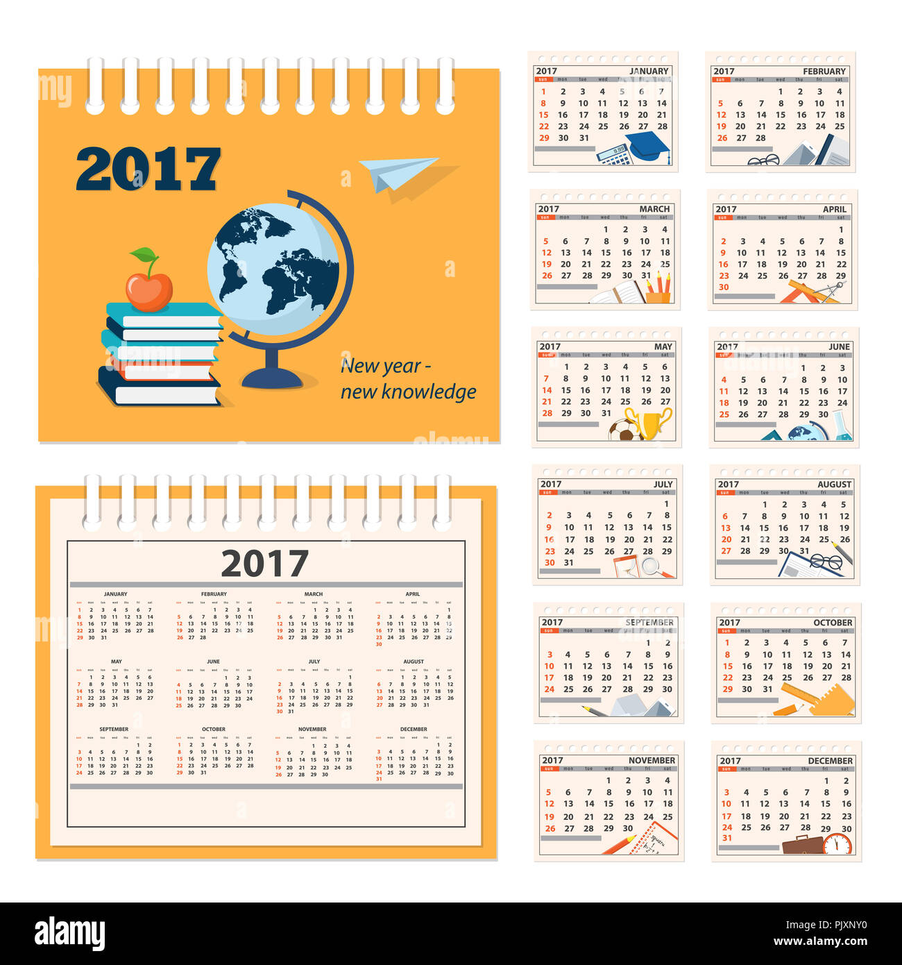 Calendar for desk on 2017 year. Set of the 12 month isolated pages with  education icons and full calendar with image on the cover. Week starts on  Sund Stock Photo - Alamy