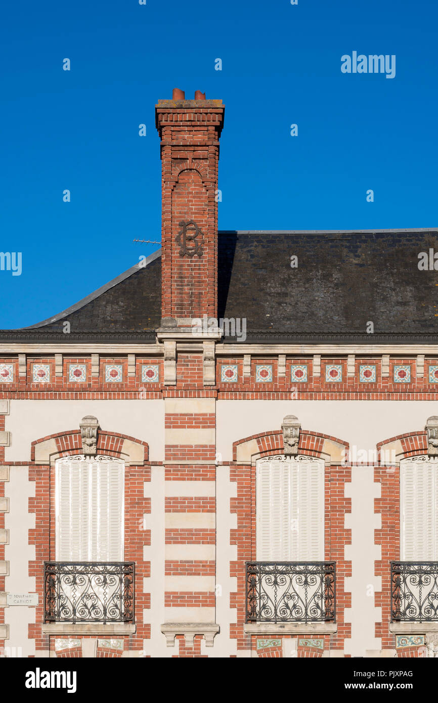 Detail view of house window shutters and decorative brickwork, Jargeau, Loiret department, France, Europe Stock Photo