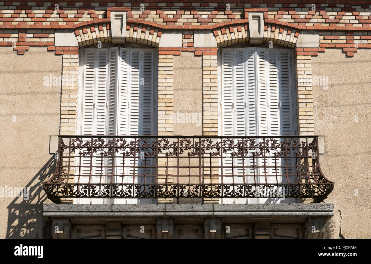 Detail view of house window shutters and decorative brickwork, Jargeau, Loiret department, France, Europe Stock Photo