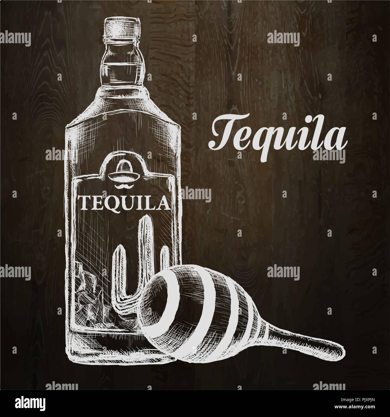 Bottle of tequila with lime and glass. painted by hand Stock Vector
