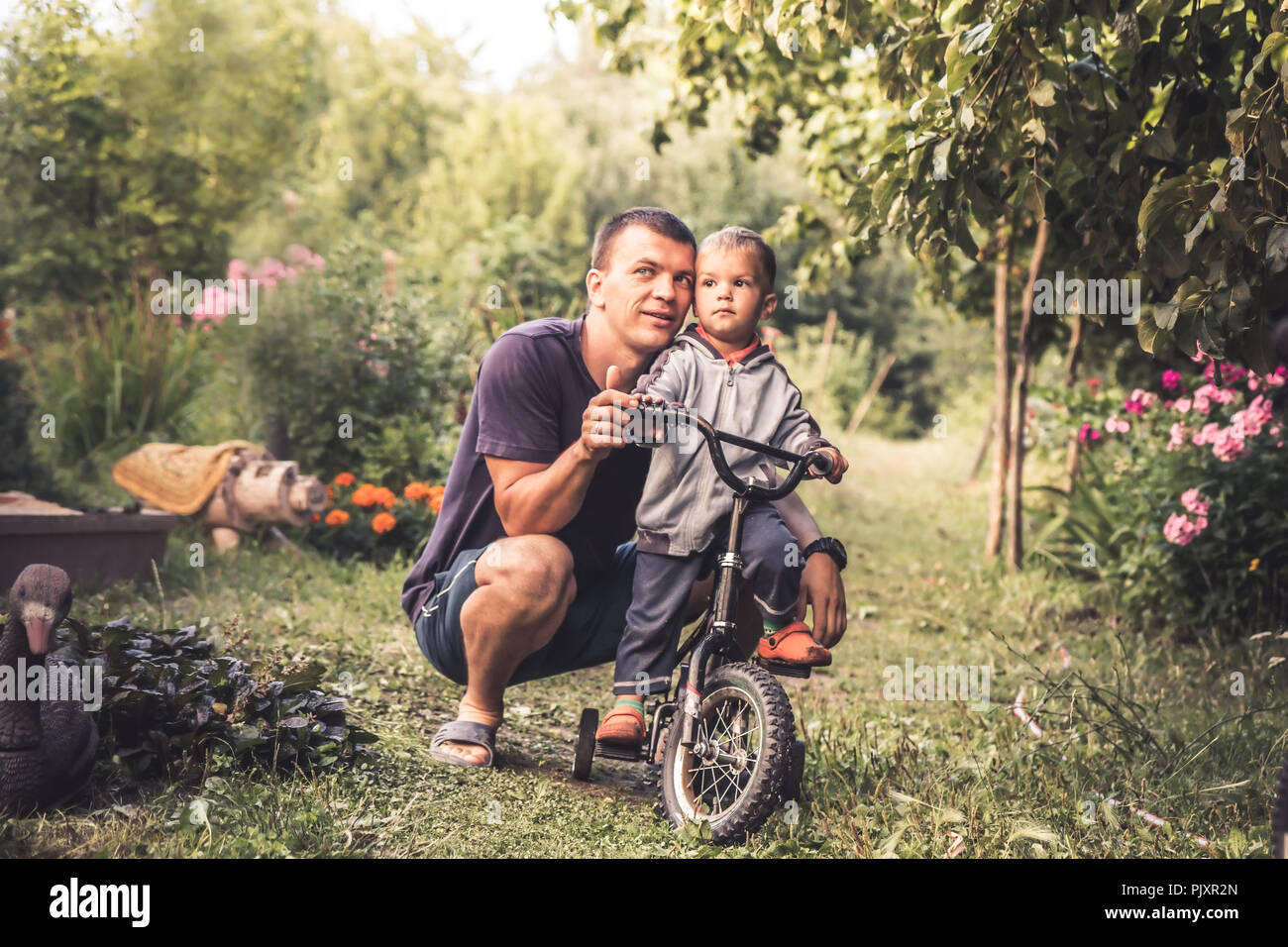 Happy father embrace  little son kid  lifestyle portrait concept happy parenting Stock Photo