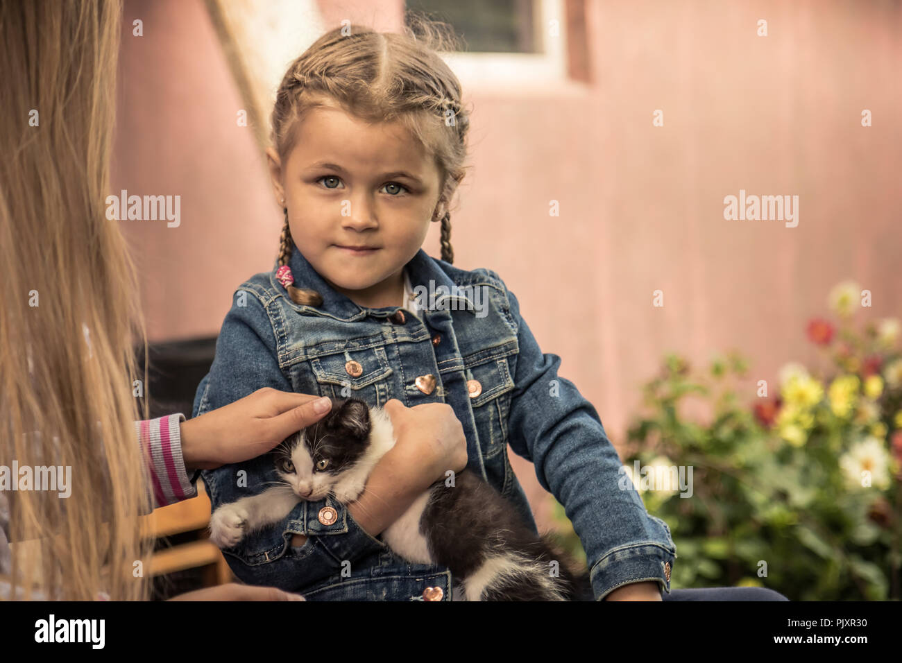 Beautiful  child kid girl holding pet kitten concept animals care Stock Photo