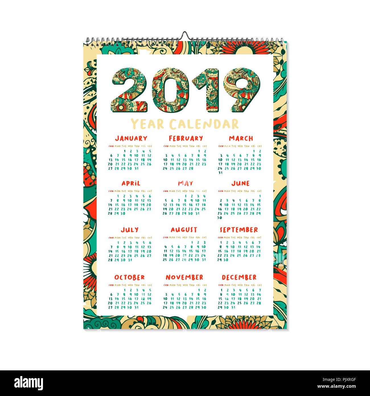 2019 Year Calendar. Xmas or Happy New Year Holiday Design. Isolated Vector Poster with Decorative Doodles Frame. Vertical Template Stock Vector