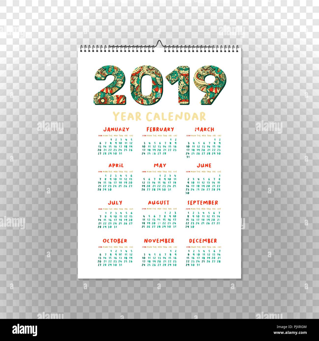 2019 Year Calendar. Xmas or Happy New Year Holiday Design. Isolated Vector Poster. Vertical Template Stock Vector