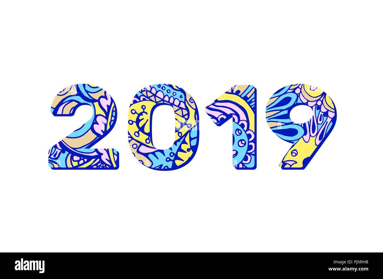 2019 Year Doodles Numbers in Blue and Yellow Memphis Trendy Style. Xmas ...