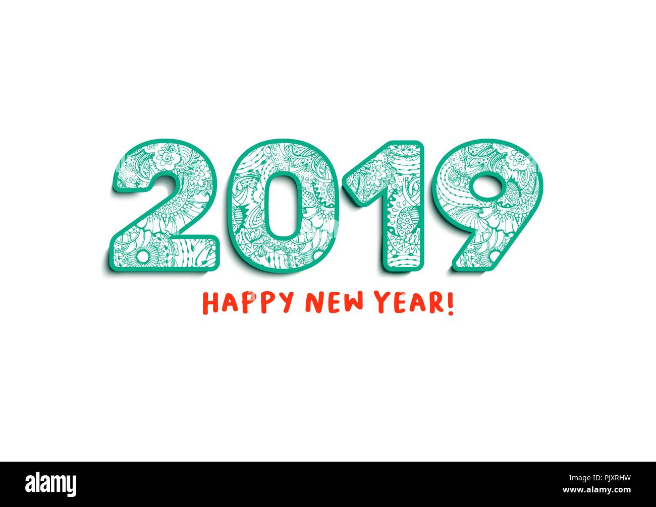 2019 Lettering, Happy New Year Greeting. Calendar Front Cover, Horizontal Slogan with Chinese Zodiac Xmas Holiday, Doodle Nombers with Green Ornament, Red Inscription. Notepad Isolated Print. Stock Vector