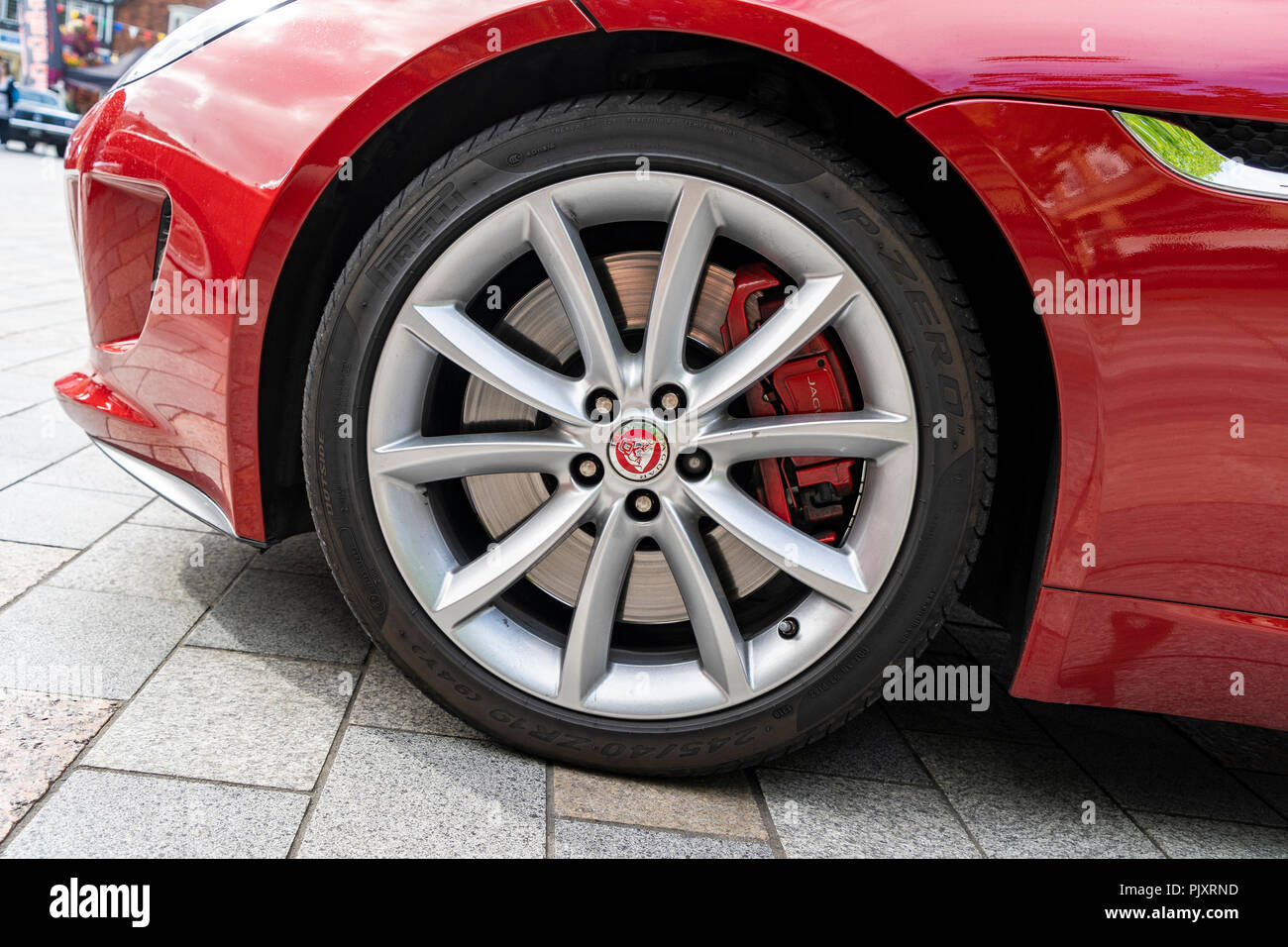 Front wheel of a static Jaguar car Stock Photo