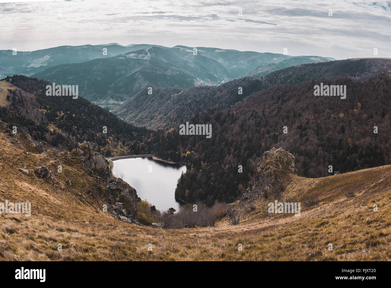 Landscape of the Vosges mountains in fall, scenic overlook on the Schiessrothried Lake and the Wormsa Valley, France. Stock Photo