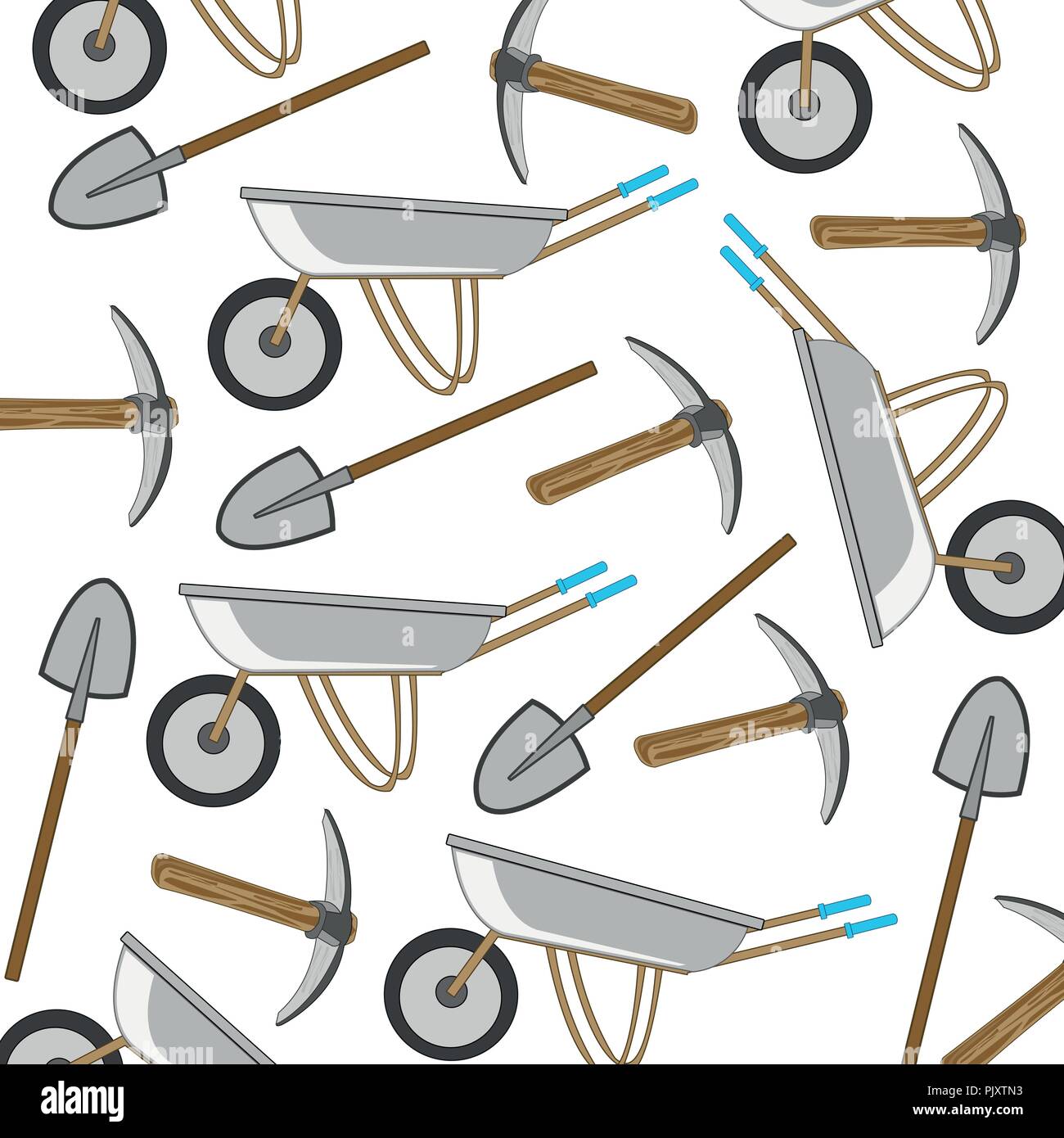 Worker tools wheelbarrow and shovel with pickax pattern Stock Vector
