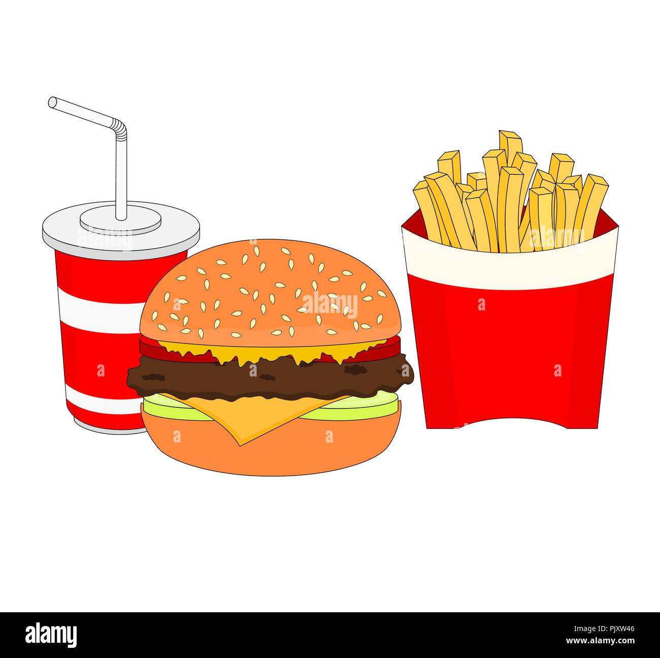 Isolated delicious fast food lunch menu with cheese burger , french fries and drink Stock Vector