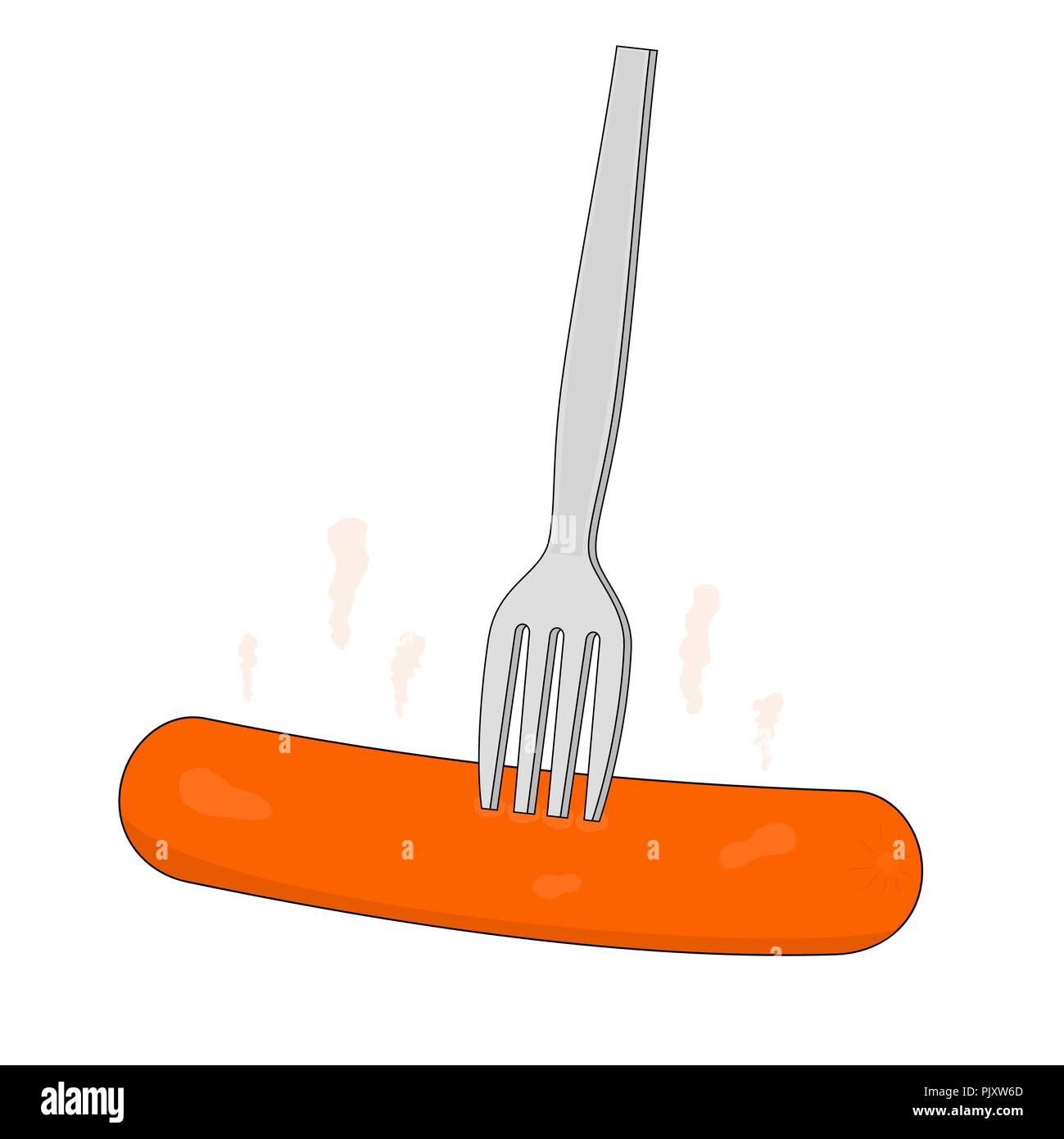 Isolated tasty fast food grill hot dog on fork , vector icon Stock