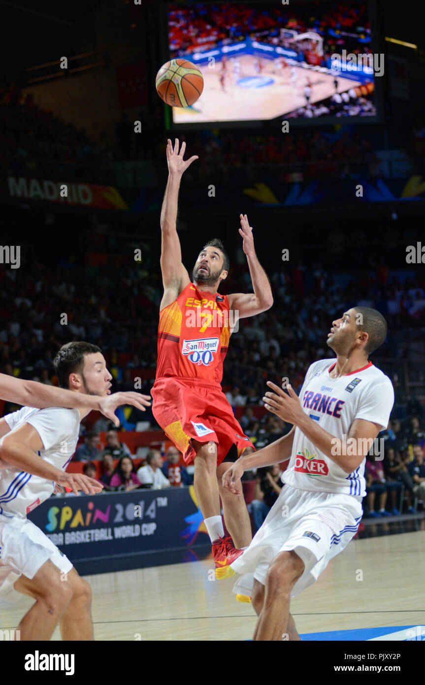 Juan Carlos Navarro (Spain) scoring a layup against  France. Basketball Word Cup 2014 Stock Photo