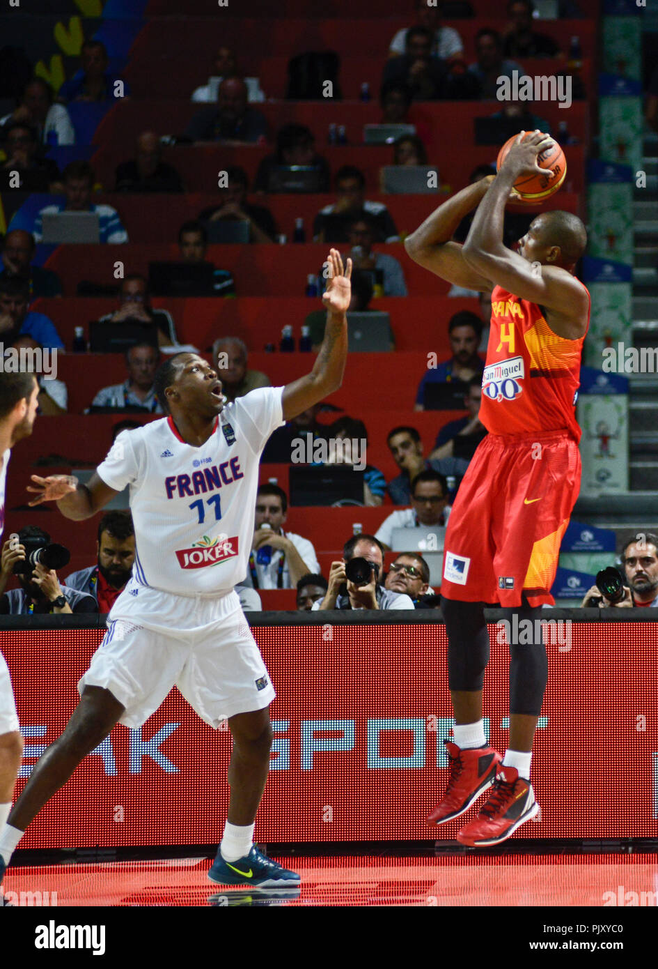 Serge Ibaka (Spain) scoring against France. Basketball World Cup 2014 Stock Photo