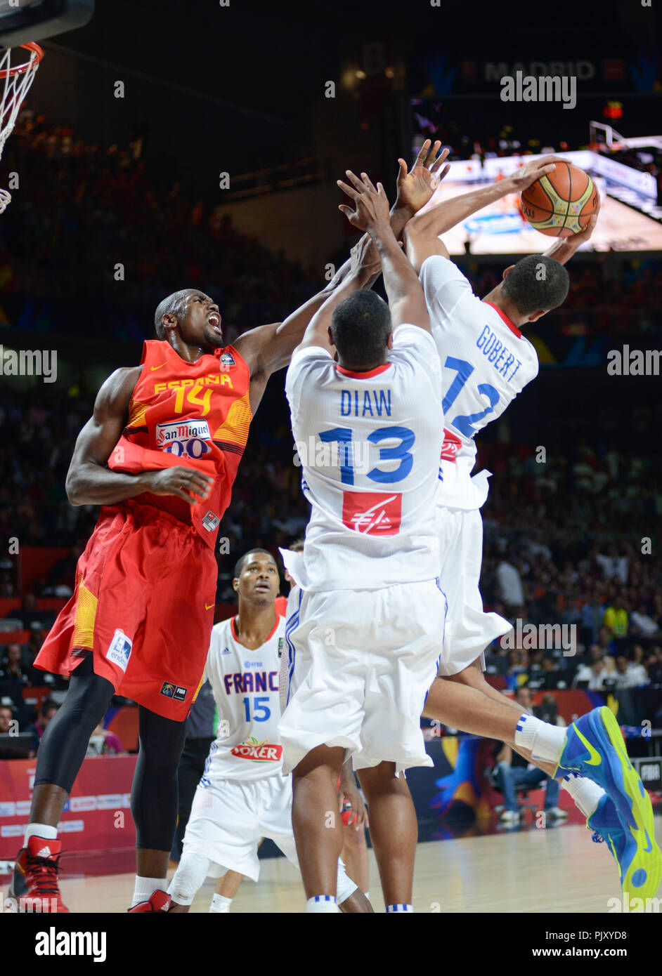 Serge Ibaka (Spain) blocks Rudy Gobert (France). Basketball World Cup 2014 Stock Photo