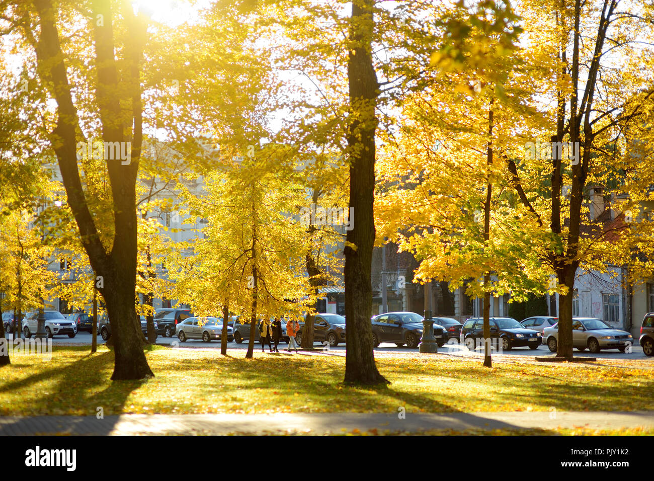 VILNIUS, LITHUANIA - OCTOBER 12, 2017: People walking down the streets of Vilnius Old Town. Beautiful sunny autumn day in the capital of Lithuania. Stock Photo