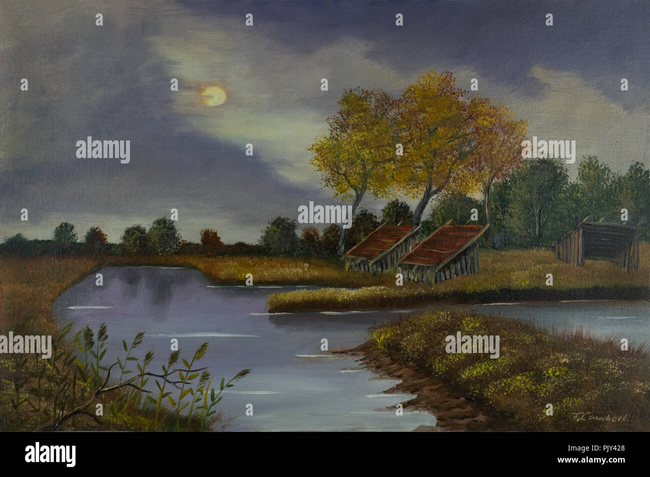 Oilpainting Landscape With Two Barns And Different Trees In The