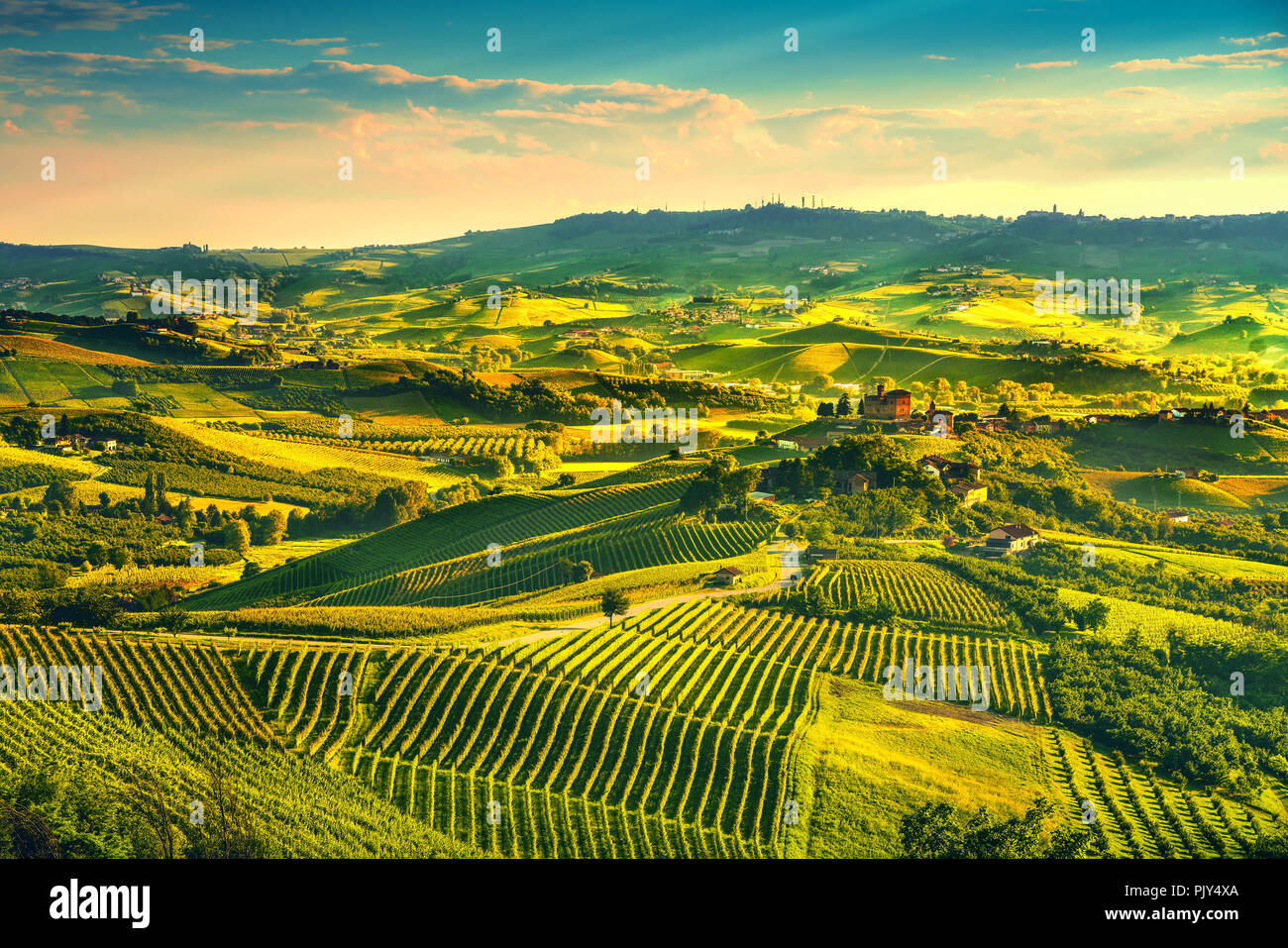 Langhe vineyards sunset panorama, Grinzane Cavour, Unesco Site, Piedmont, Northern Italy Europe. Stock Photo