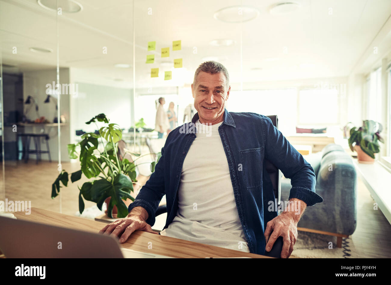 Mature businessman smiling confidently while sitting at his desk in a modern office working on a laptop Stock Photo