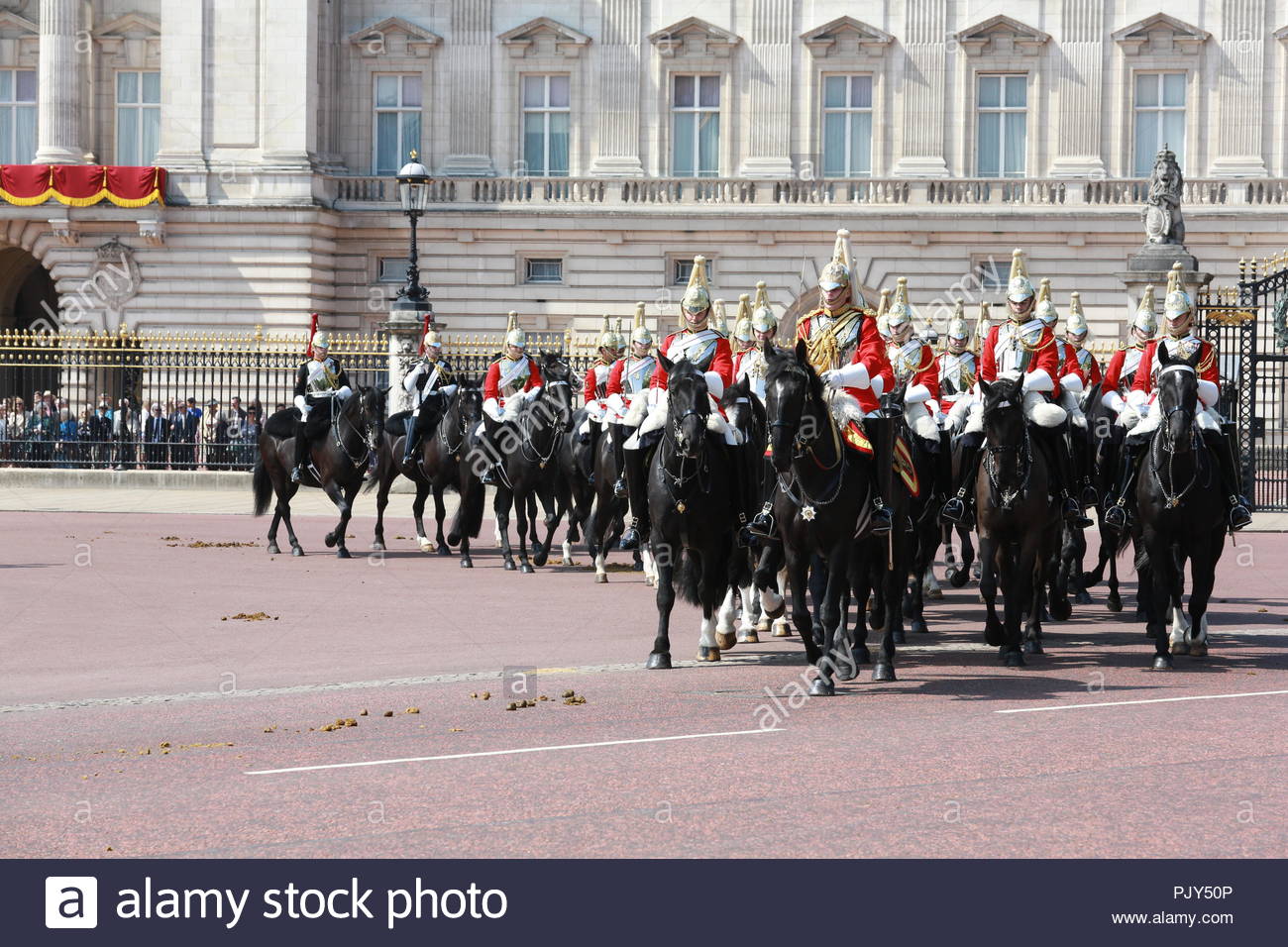 The annual Trooping the Colour has taken place in London in honour of Queen Elizabeth's birthday. Thousands lined the streets to welcome Her Majesty a Stock Photo
