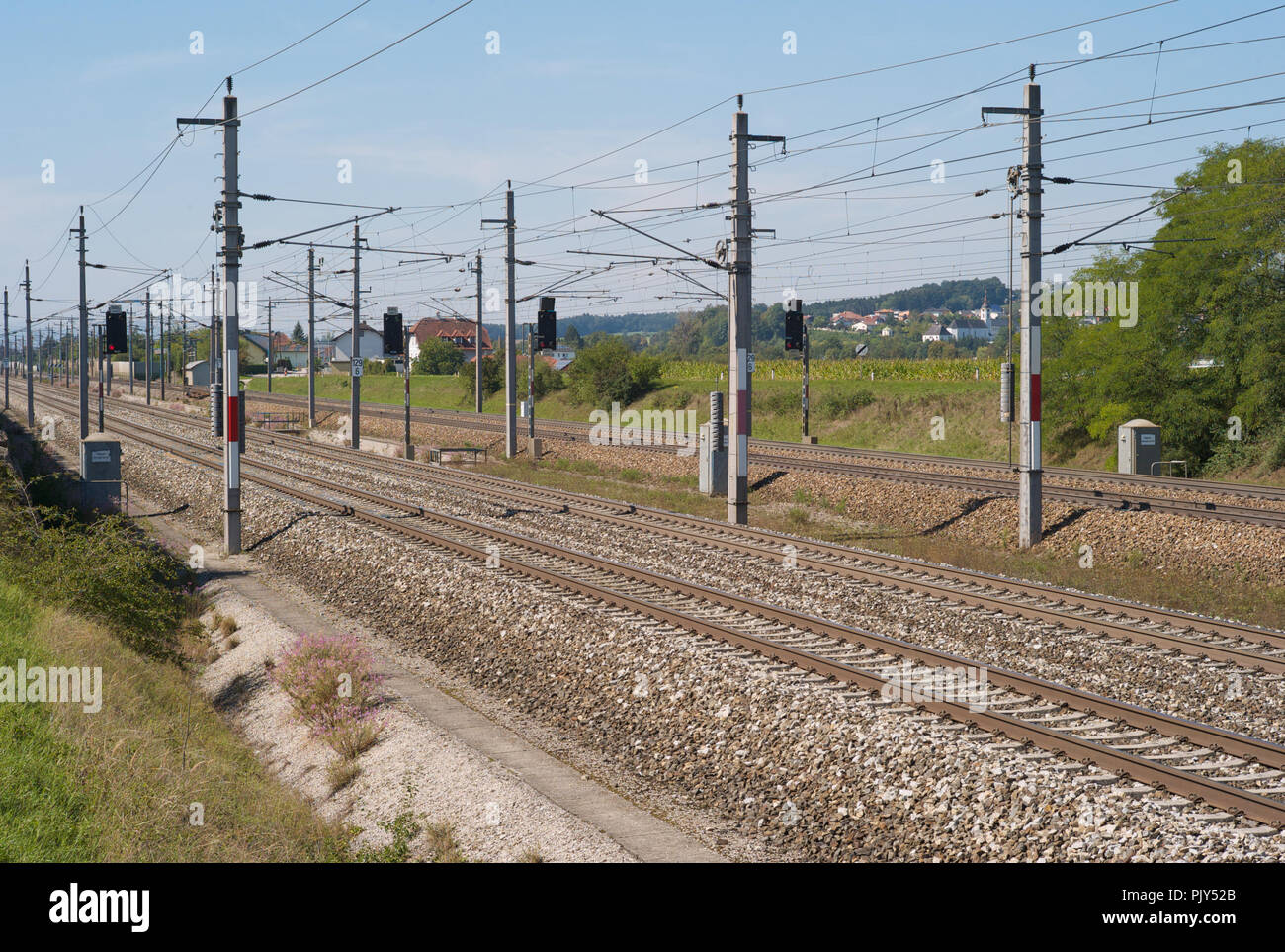 Westbahn Railroad Tracks in the Field in the Mostviertel Region of Lower Austria Stock Photo