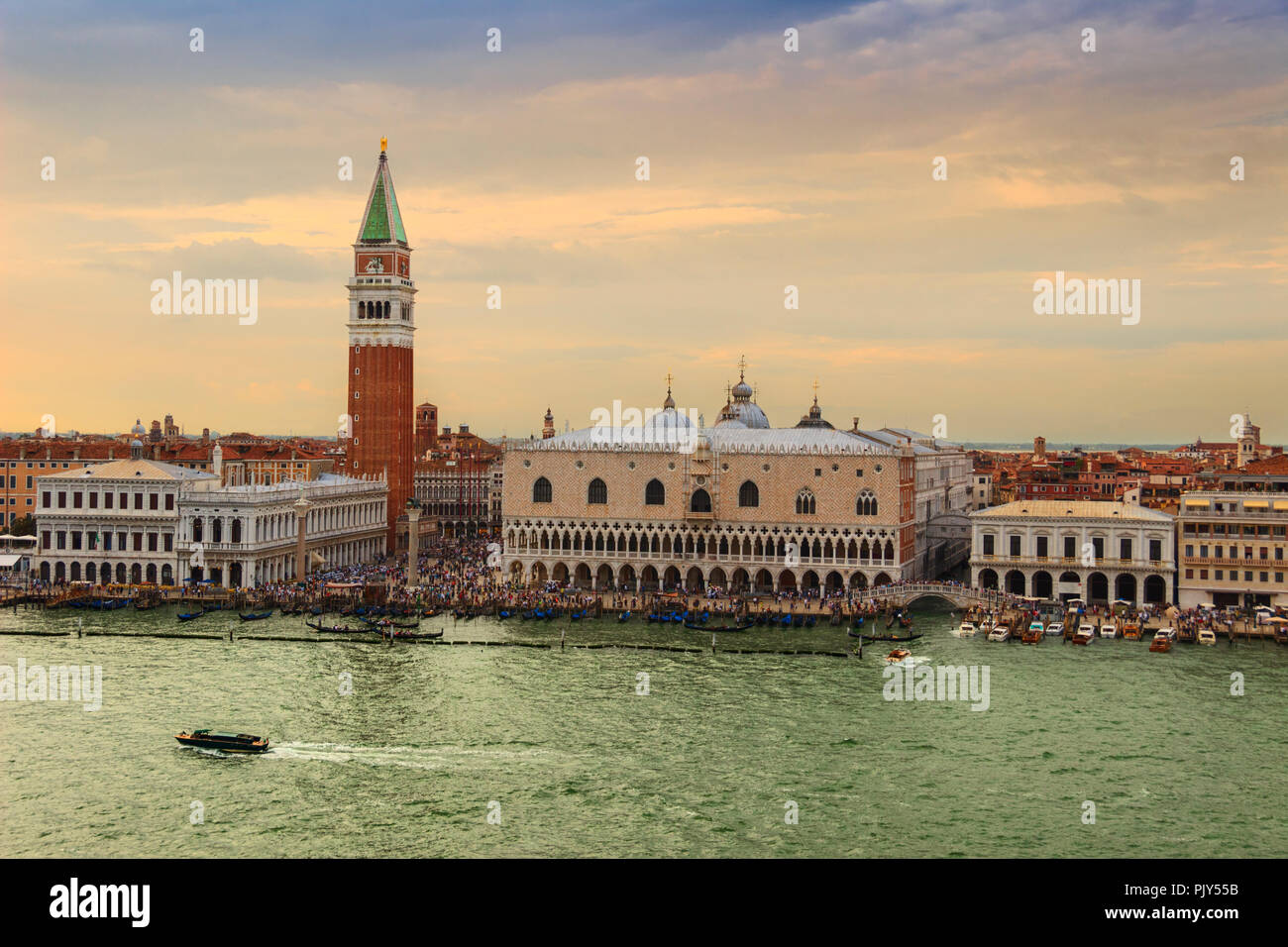 Saint Mark's Square in Venice, Italy aerial view of Piazza San Marco (Saint Mark's Square), Campanile  (Bell Tower) and Palazzo Ducale (Doge's Palace). Stock Photo