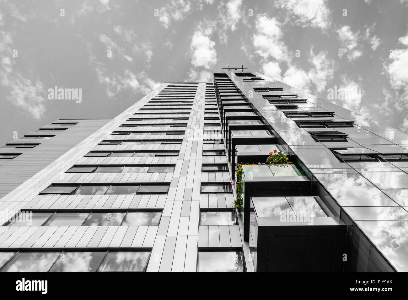 Abstract view of the MoresbyTower - a 24 storey high rise residential building offering luxury accommodation in Southampton, Hampshire, England, UK Stock Photo